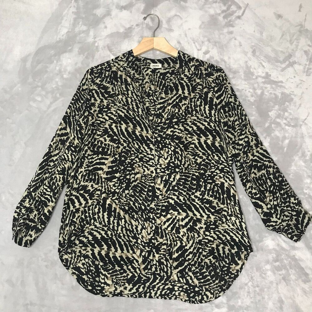 L'Agence Top Womens Large Black Tan Silk Button Front 3/4 Sleeve V Neck Blouse